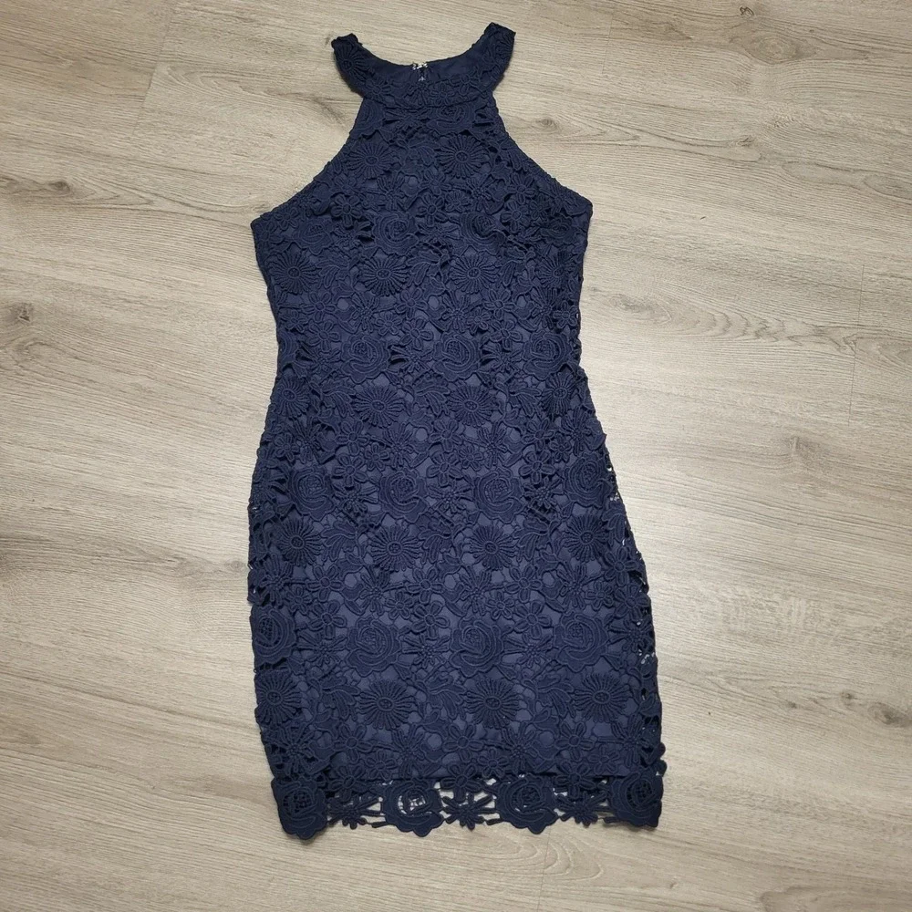 Lulus Navy Blue Crochet Lace Halter Bodycon Mini Dress Size Small  Love Poem - Picture 4 of 8
